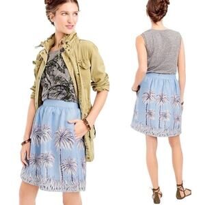 J. Crew Linen‎ Skirt Mini Women Size 10 Blue Palm Print Tropical Pockets Lined
